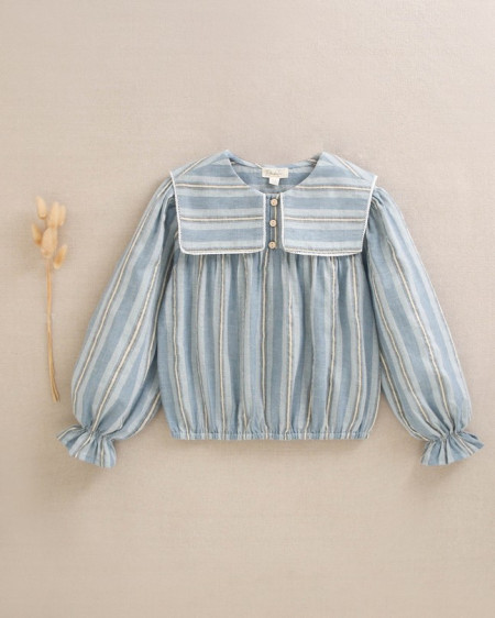 Blusa De Niña De Rayas Azules Y Doradas Con Cuello Cuadrado