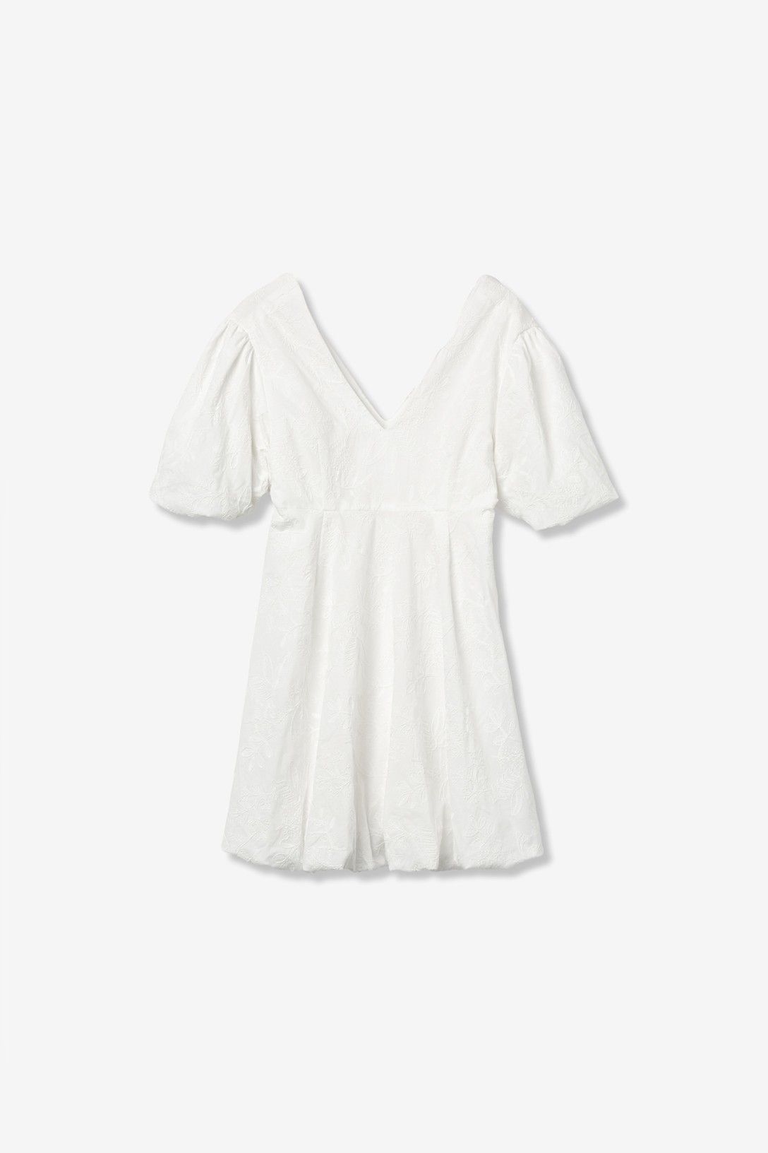 Vestido corto blanco con escote en V y manga abullonada