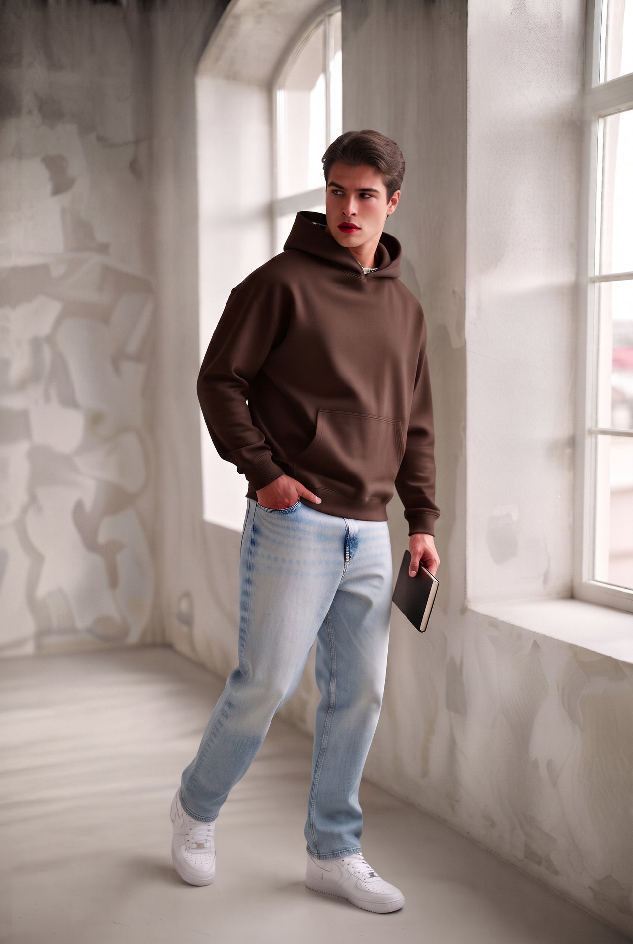Sudadera básica marrón chocolate, bolsillo canguro. Chico.