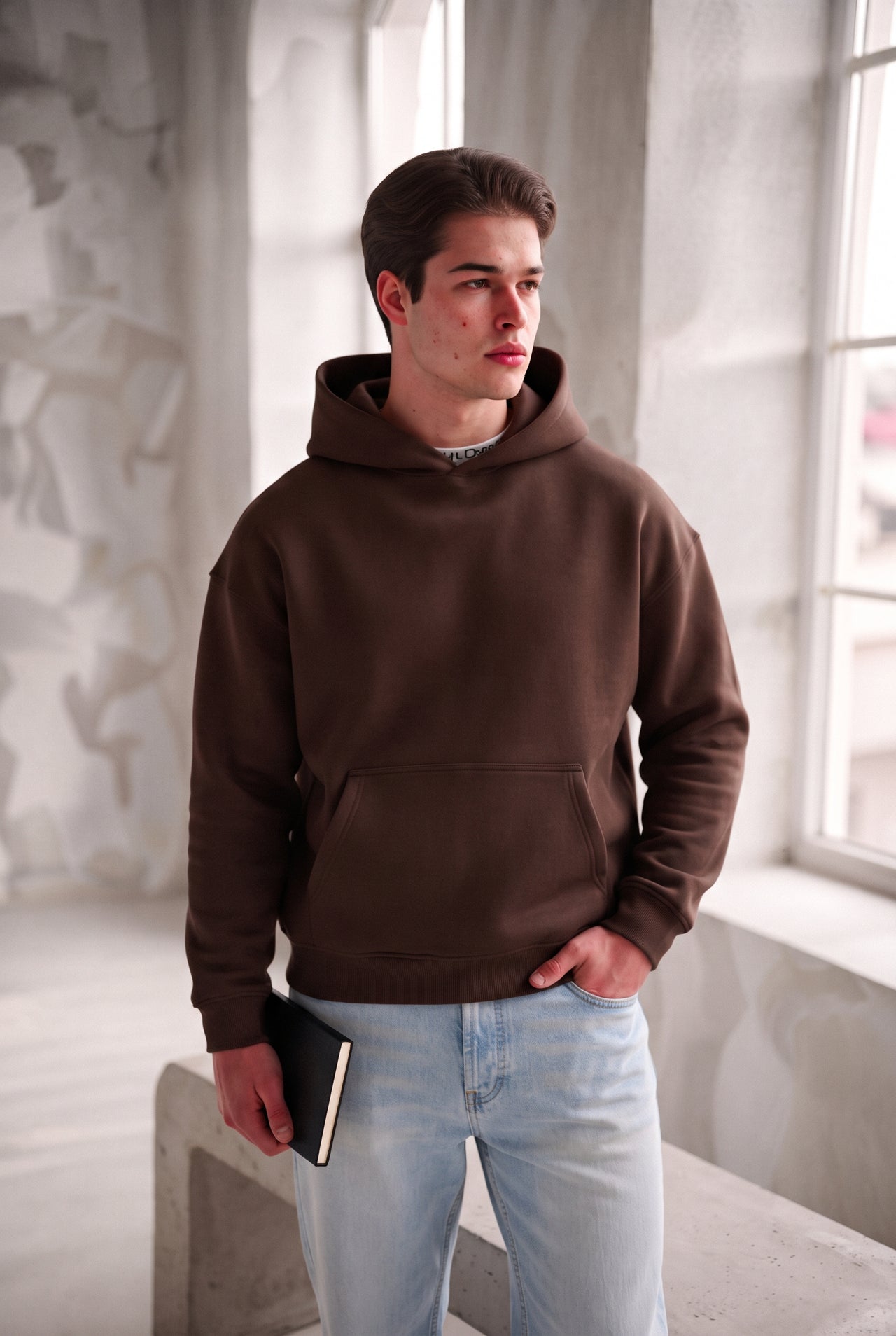 Sudadera básica marrón chocolate, bolsillo canguro. Chico.