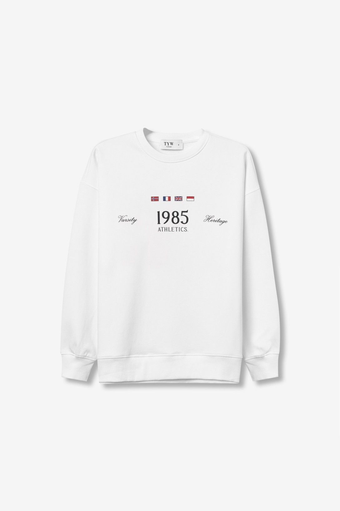 Sudadera sin capucha texto universitario.