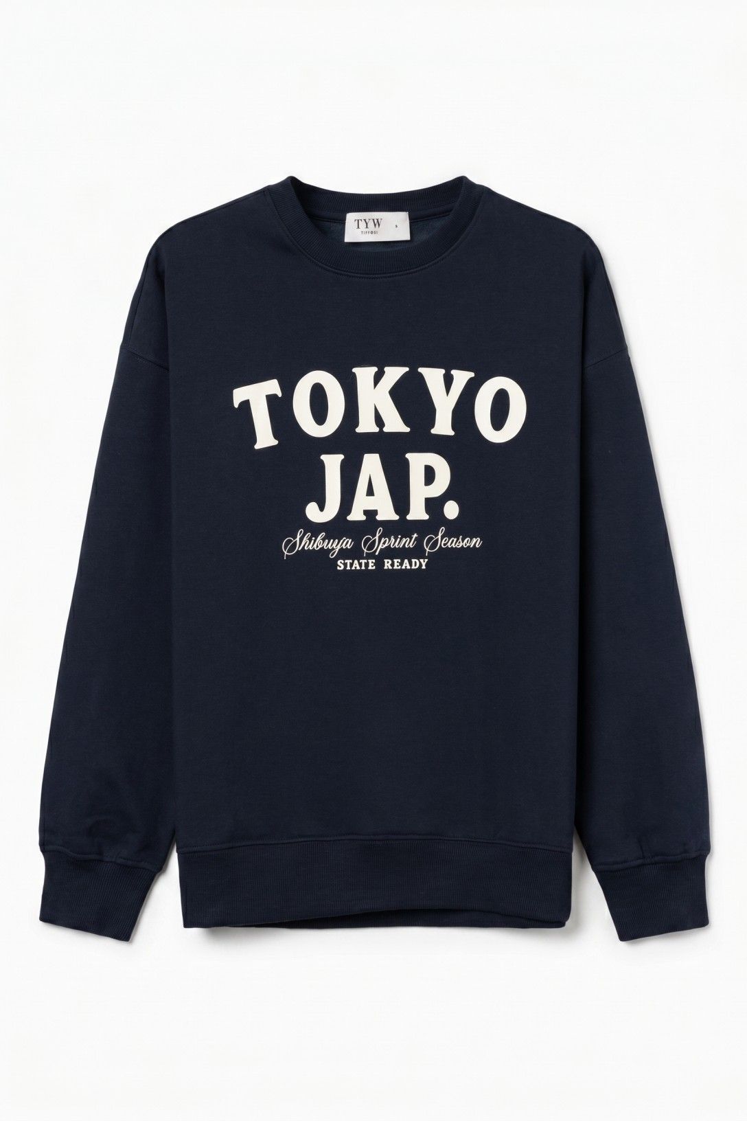 Sudadera sin capucha con texto frontal.