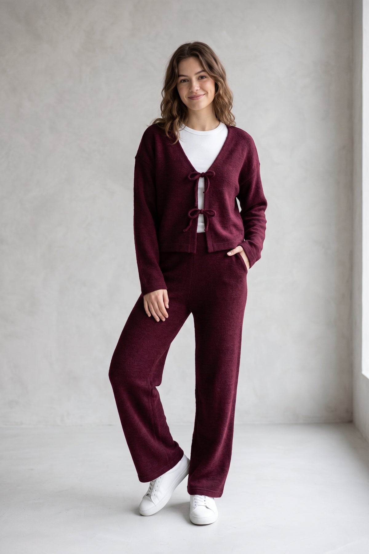 Chaqueta punto doble lazada frontal burdeos