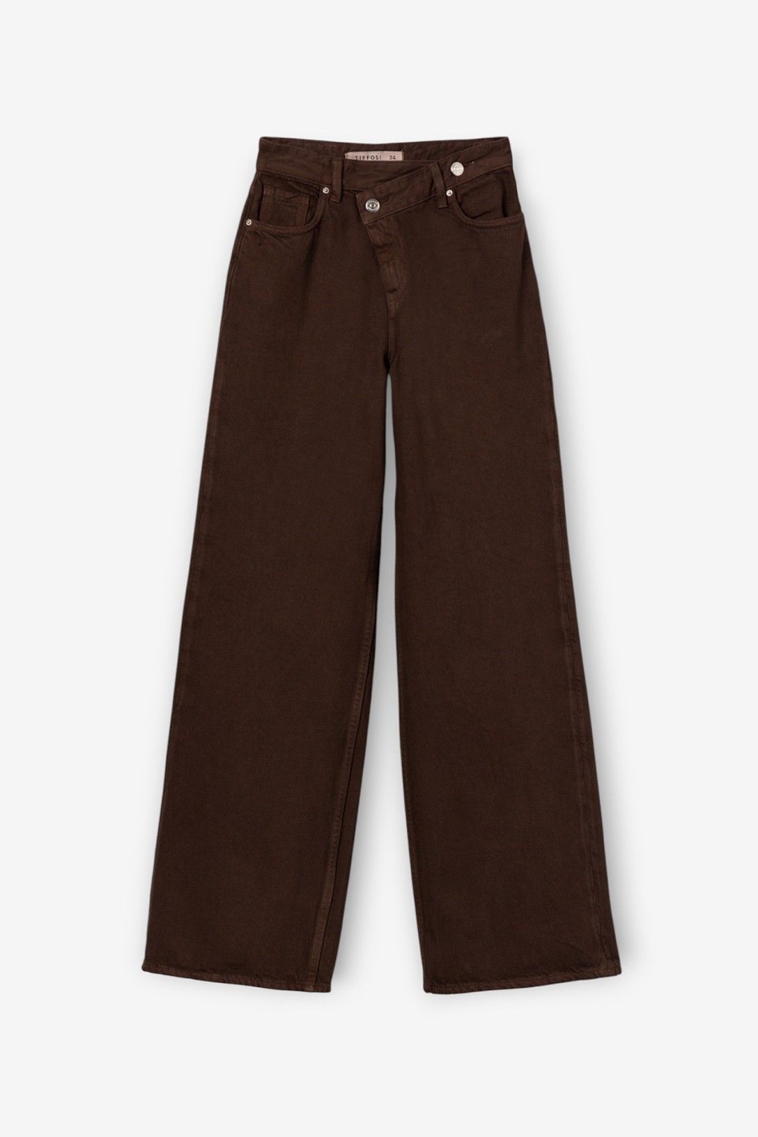 Pantalón wide leg con cintura asimétrica marrón