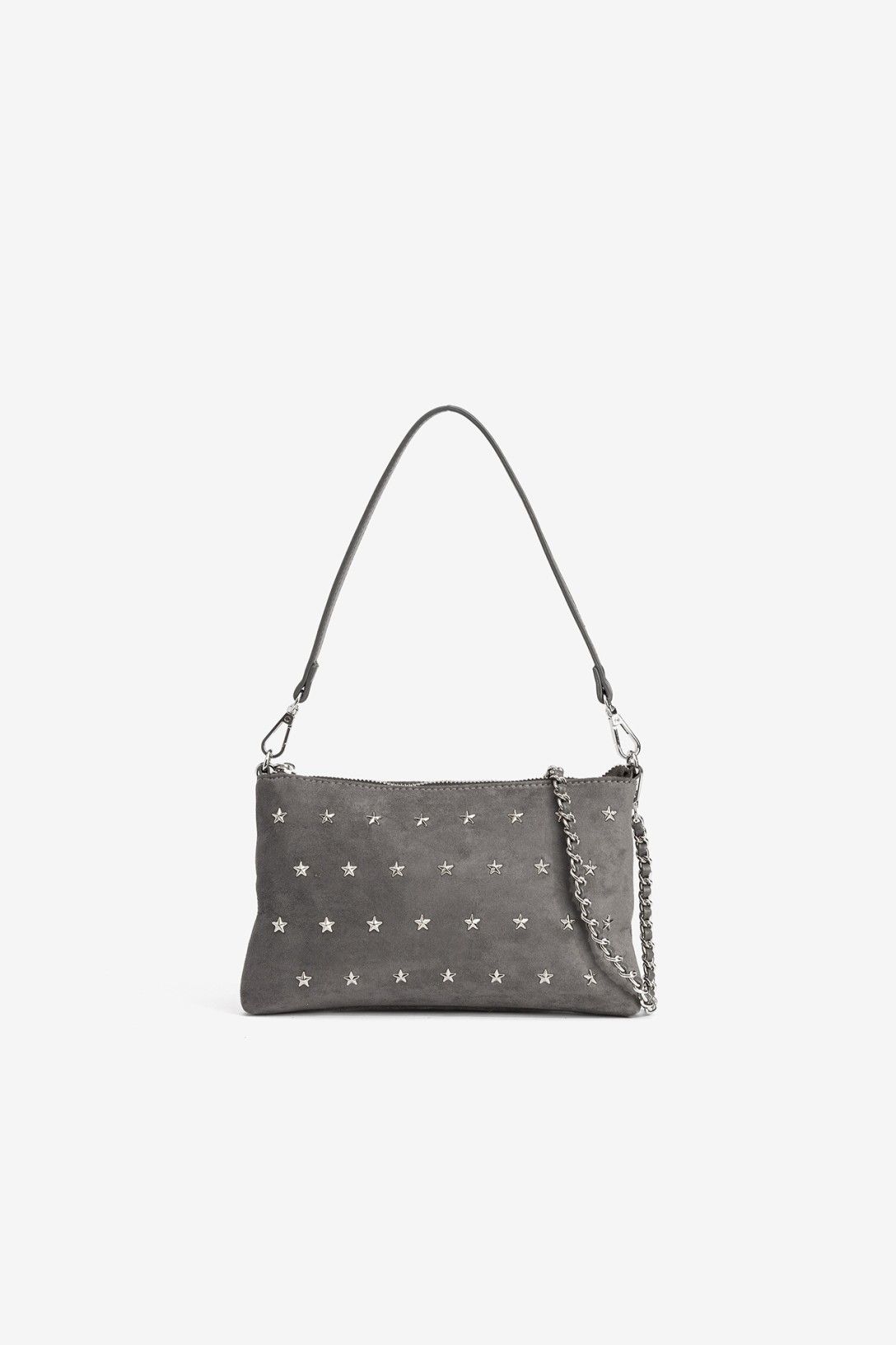 Bolso doble asa efecto ante con estrellas gris.