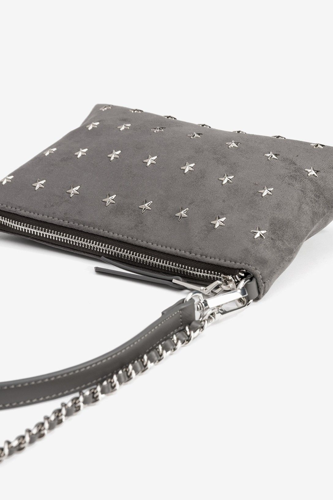 Bolso doble asa efecto ante con estrellas gris.