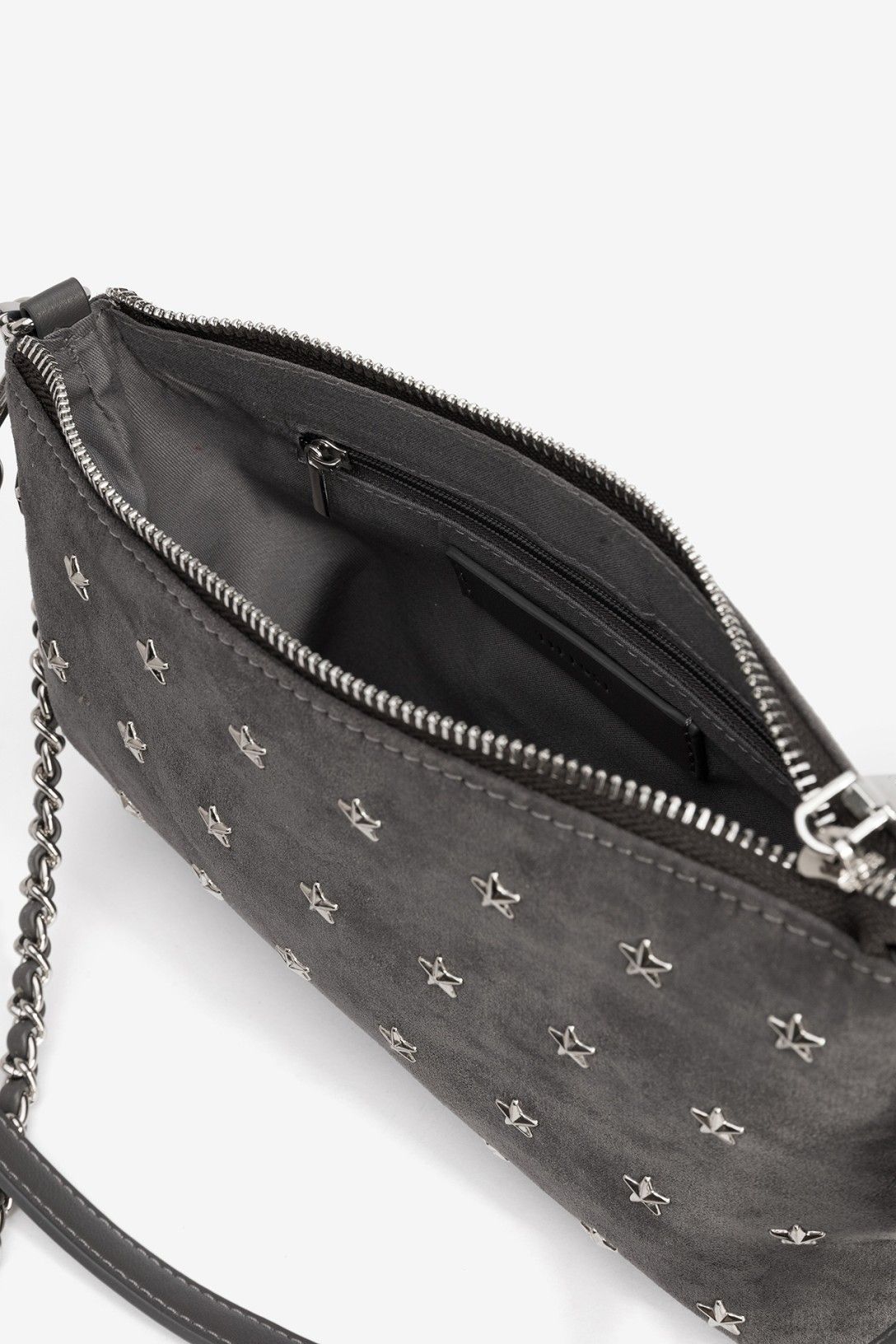Bolso doble asa efecto ante con estrellas gris.