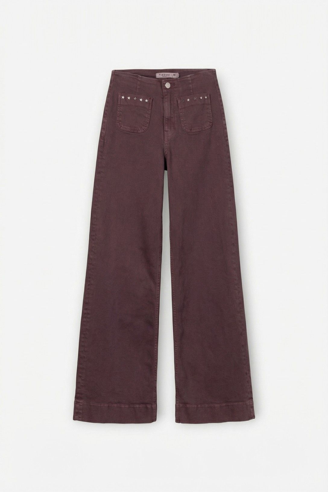 Pantalón vaquero corte recto y ancho tiro alto berenjena.