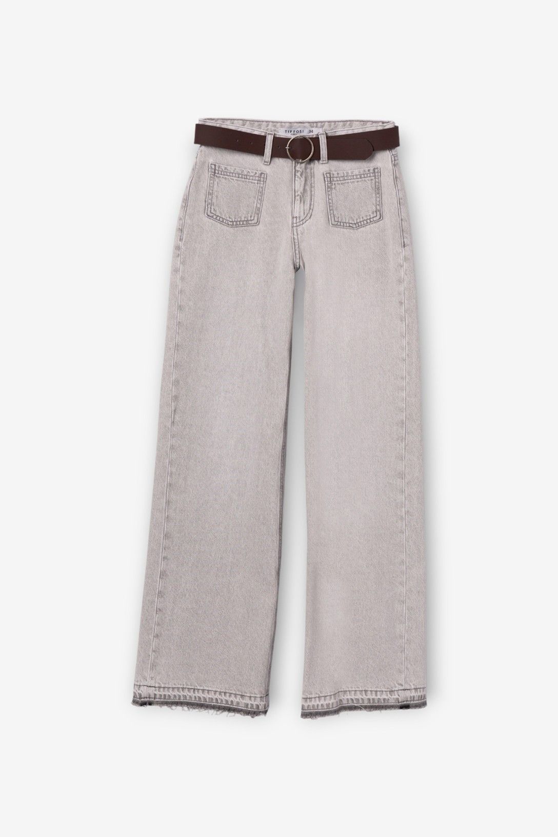Pantalón vaquero wide leg cintura alta con cinturón, gris