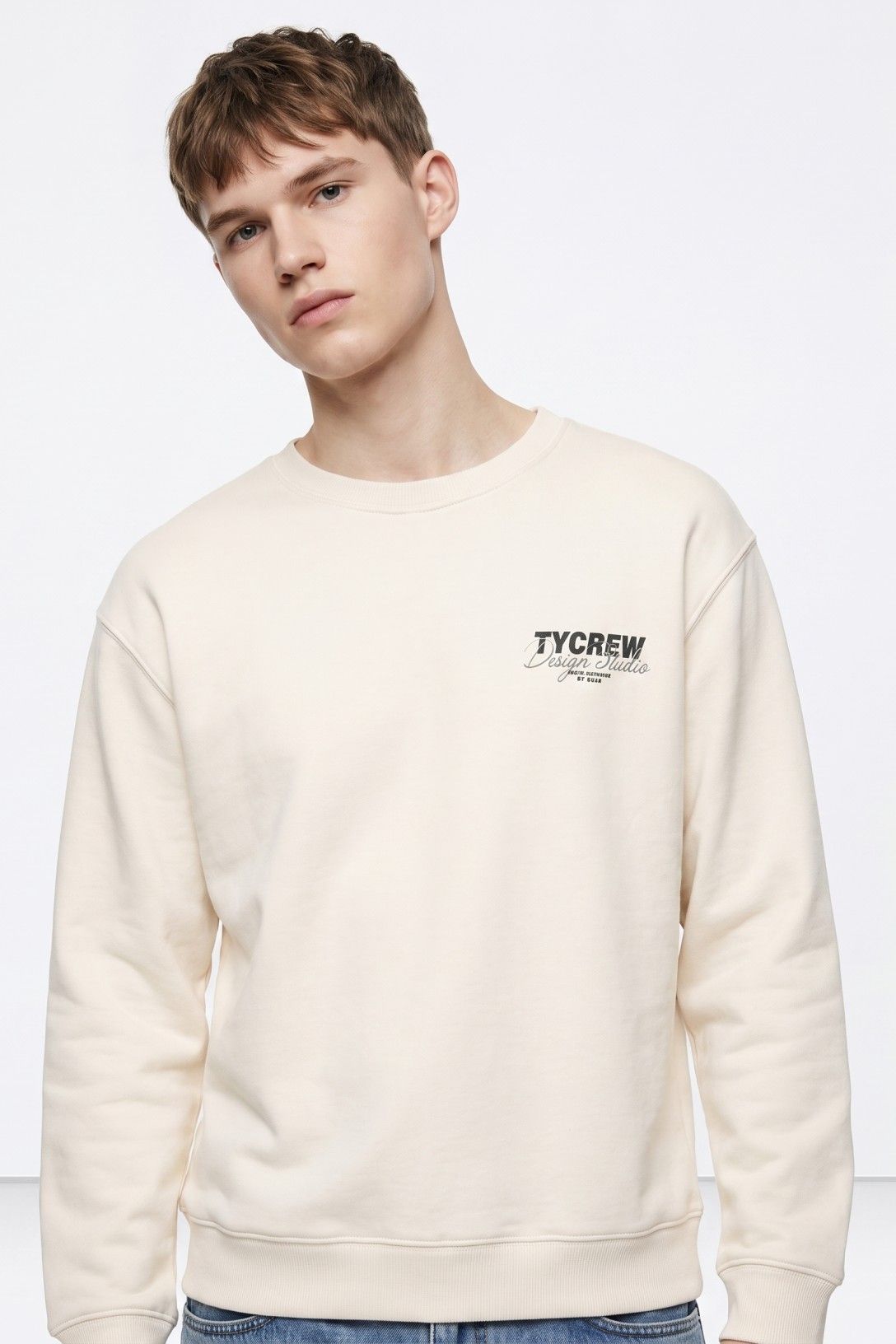 Sudadera sin capucha cuello redondo, beige. Chico.