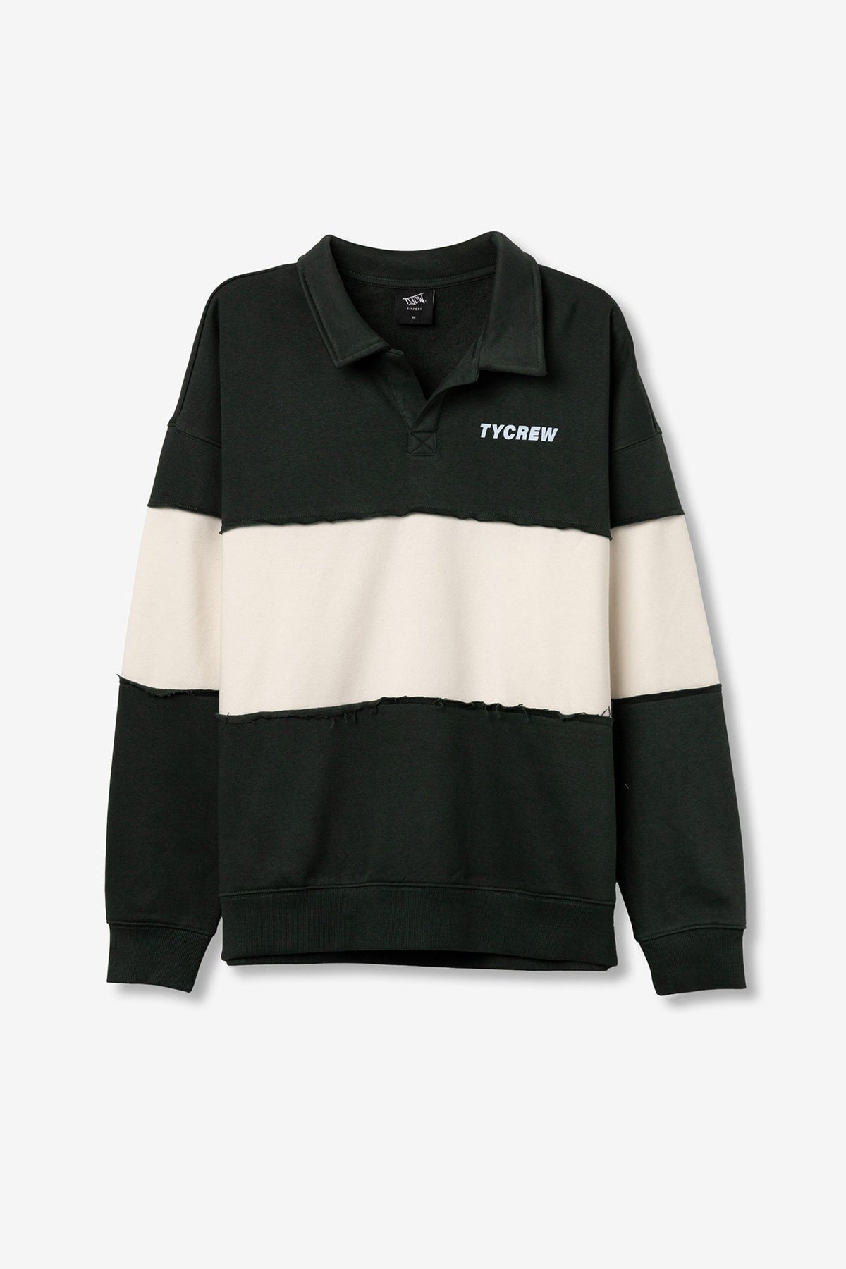 Sudadera cuello polo felpa tipo rugby verde y crudo.