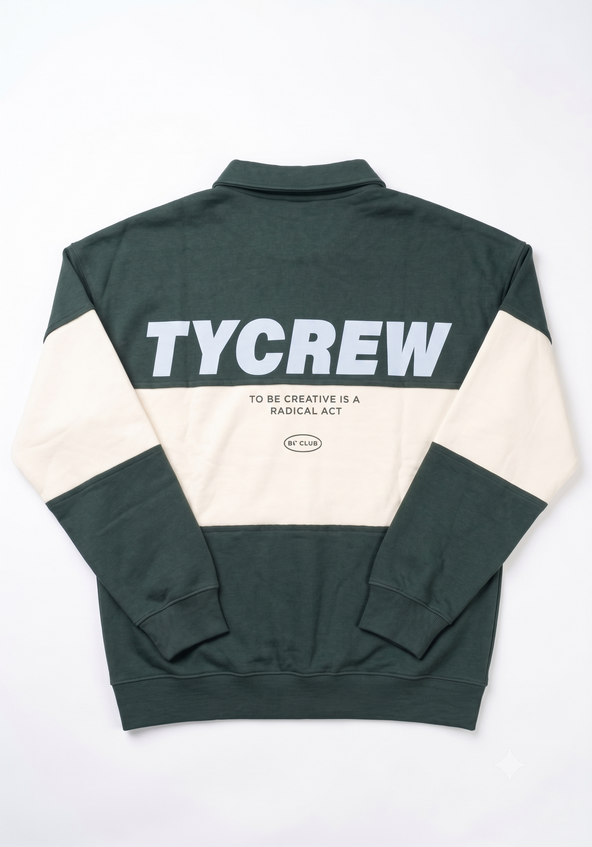 Sudadera cuello polo felpa tipo rugby verde y crudo.