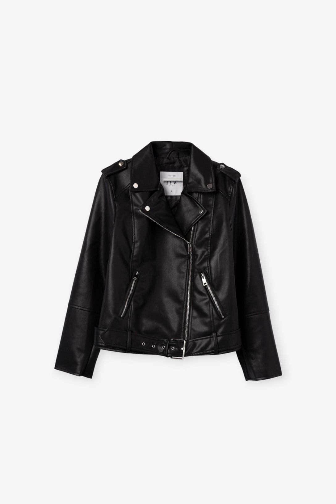 Chaqueta solapas piel sintética negra.