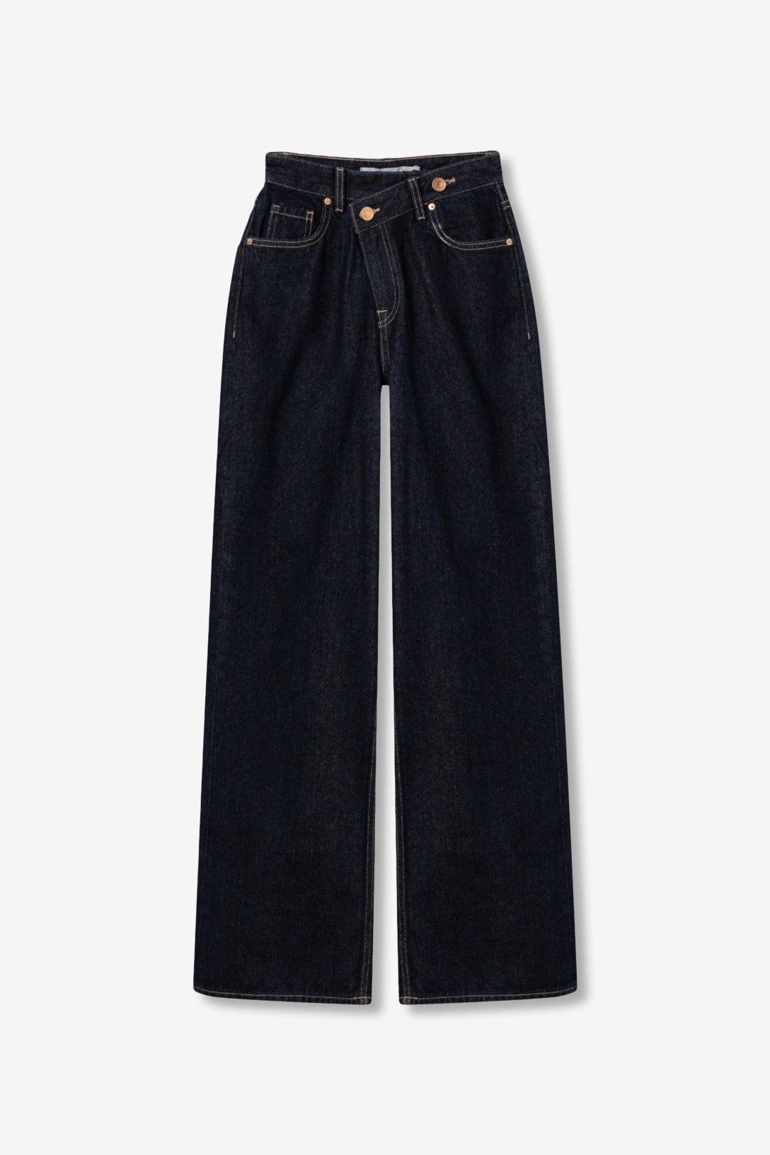 Pantalón vaquero de corte recto, talle alto, cierre cruzado azul oscuro.