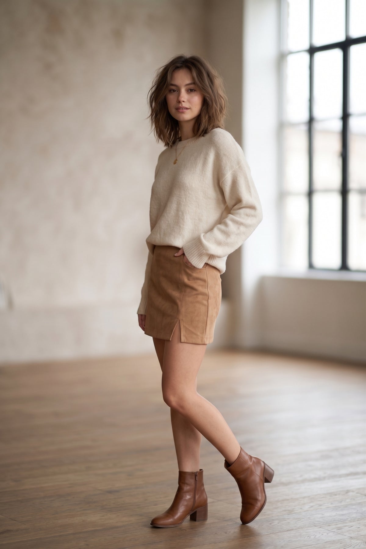 Short efecto minifalda efecto ante beige