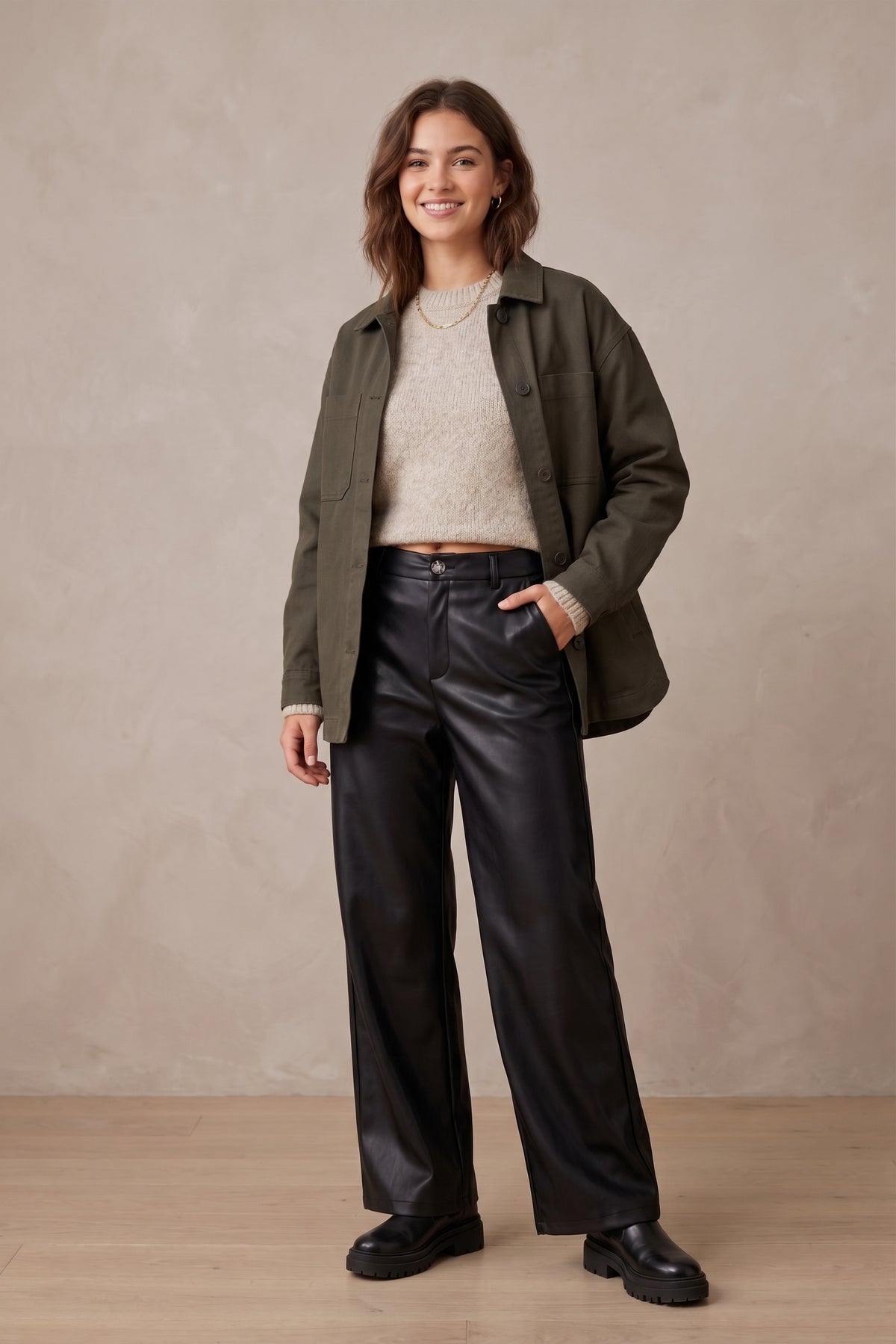 Pantalón ancho efecto piel negro.