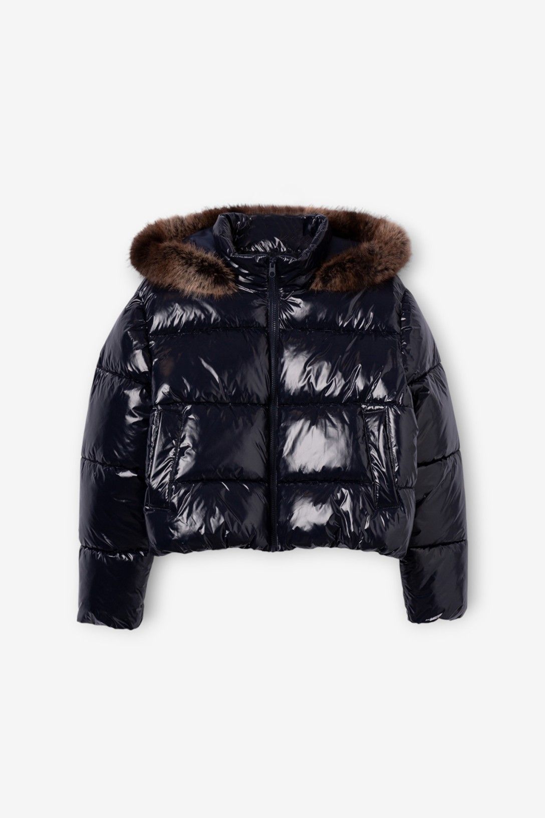 Chaqueta acolchada capucha acharolada azul