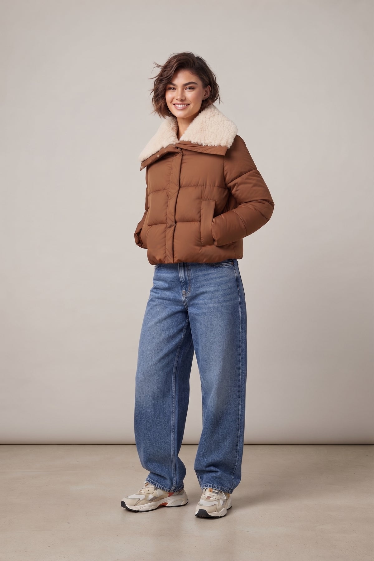 Chaqueta corta de plumífero marrón.