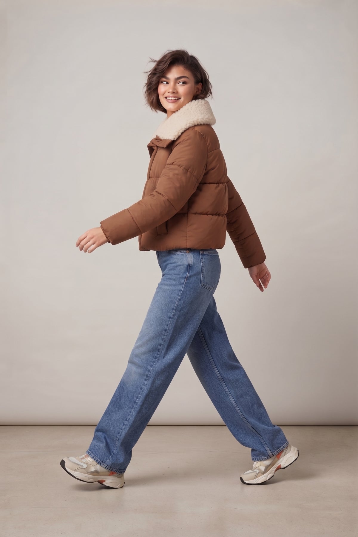 Chaqueta corta de plumífero marrón.