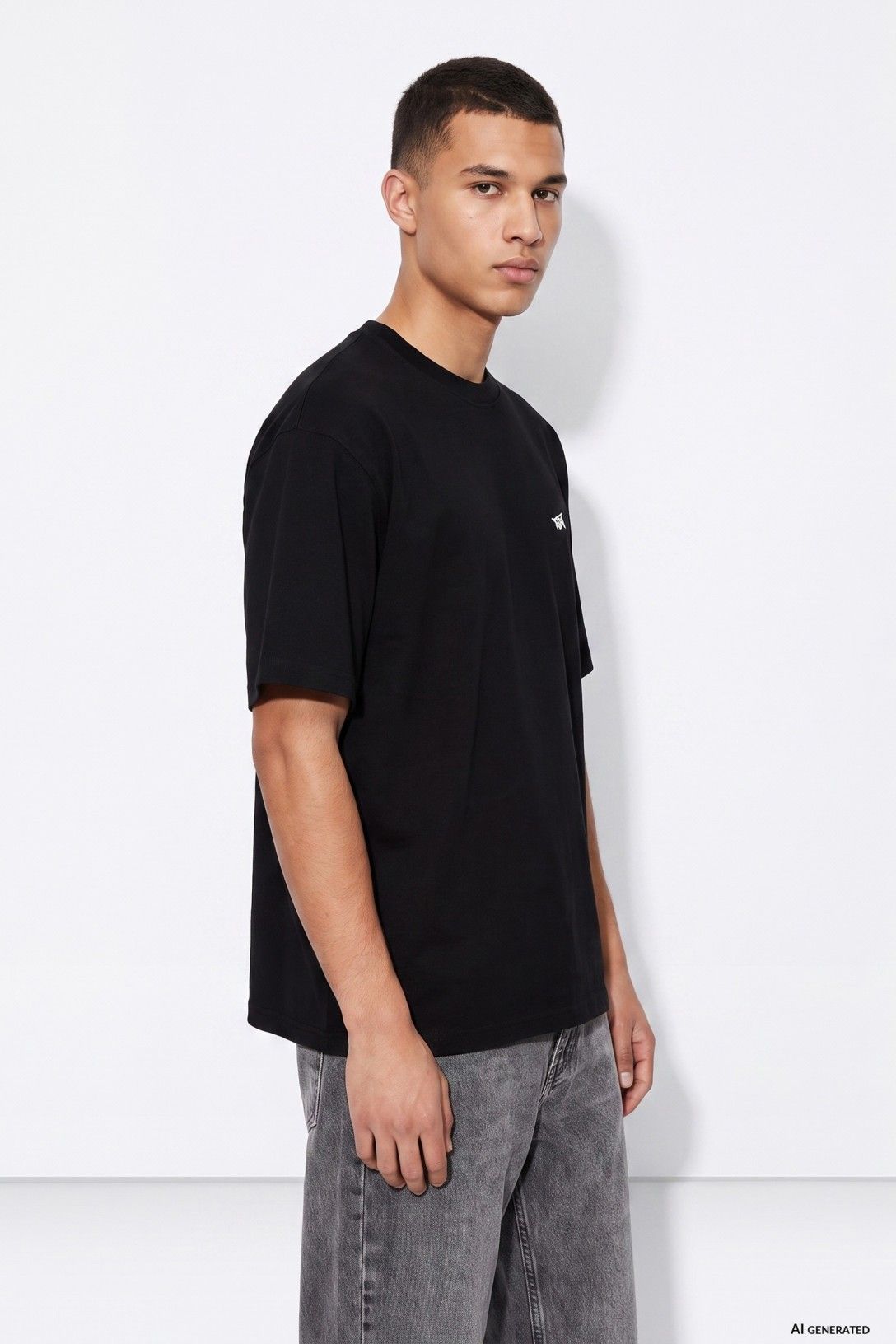 Camiseta básica manga corta, cuello redondo negra, chico.