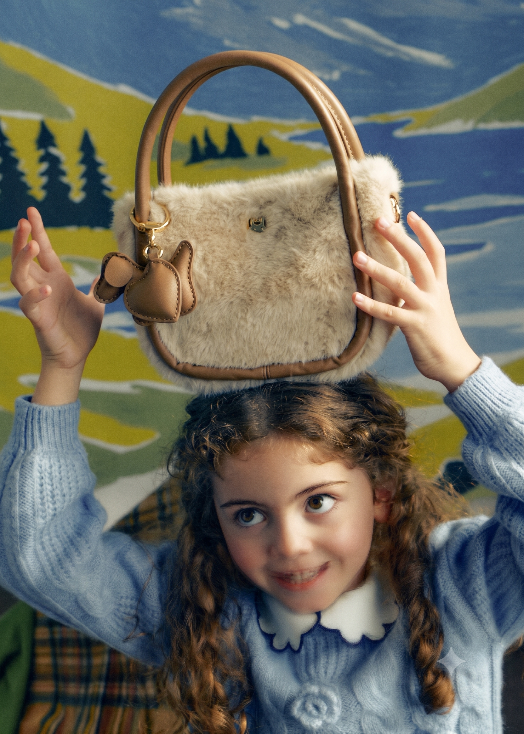 Bolso bandolera de pelo con llavero perrito y doble asa niña.