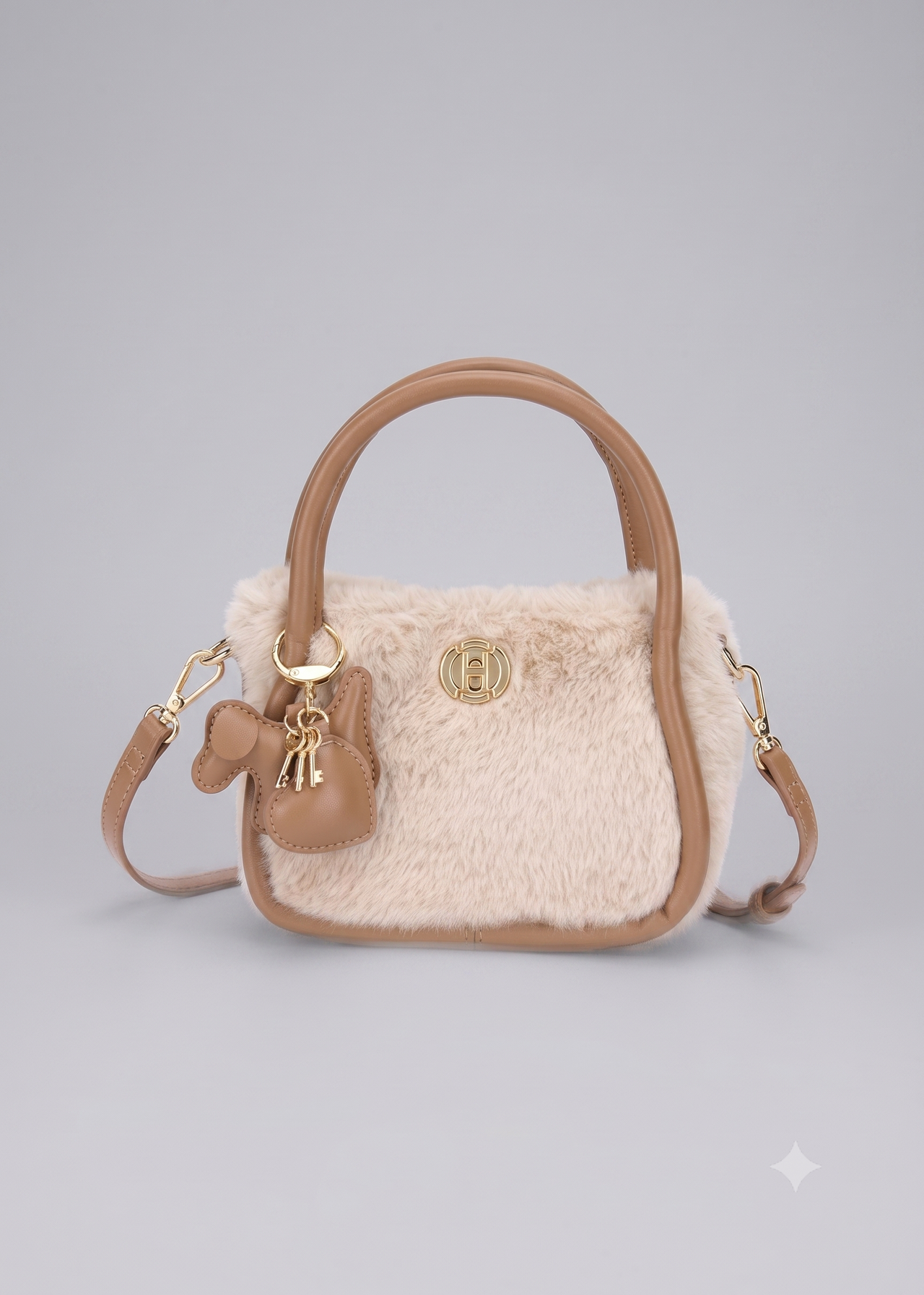 Bolso bandolera de pelo con llavero perrito y doble asa niña.