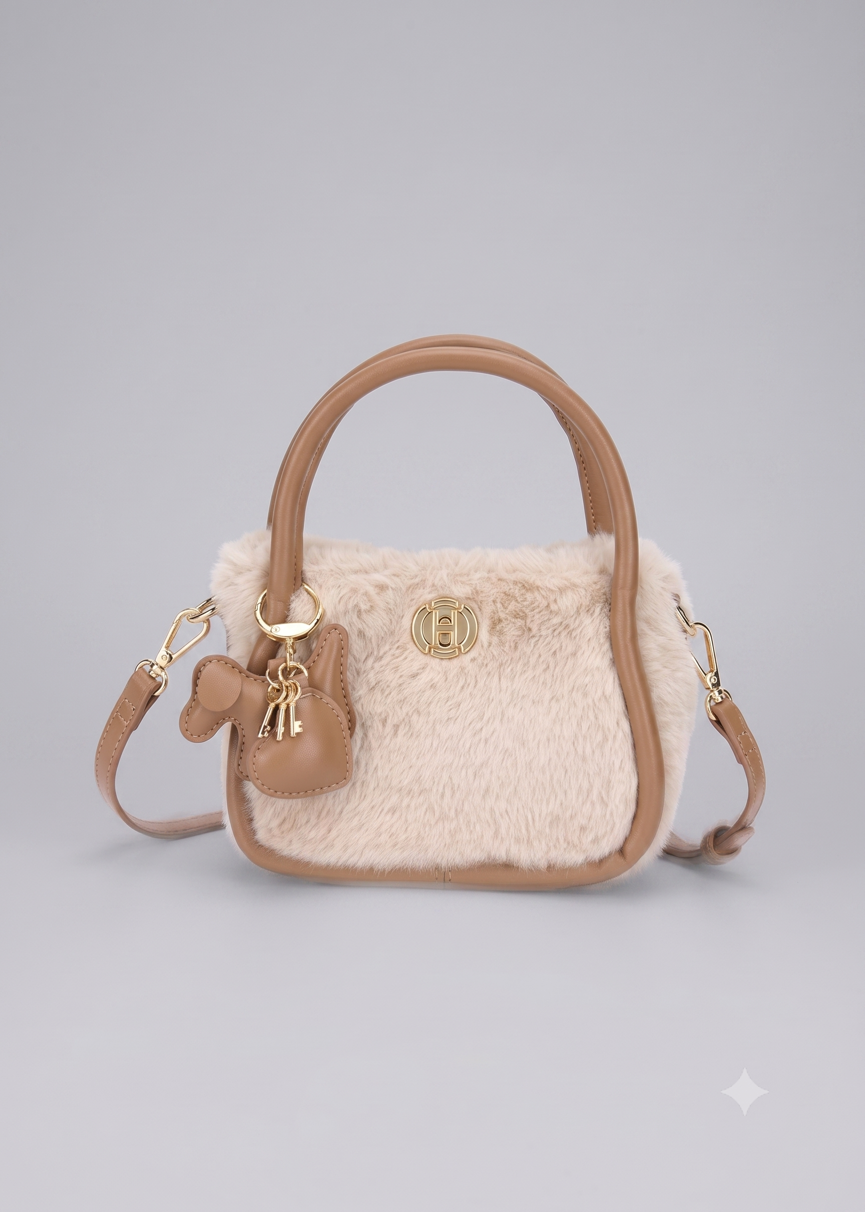 Bolso bandolera de pelo con llavero perrito y doble asa niña.