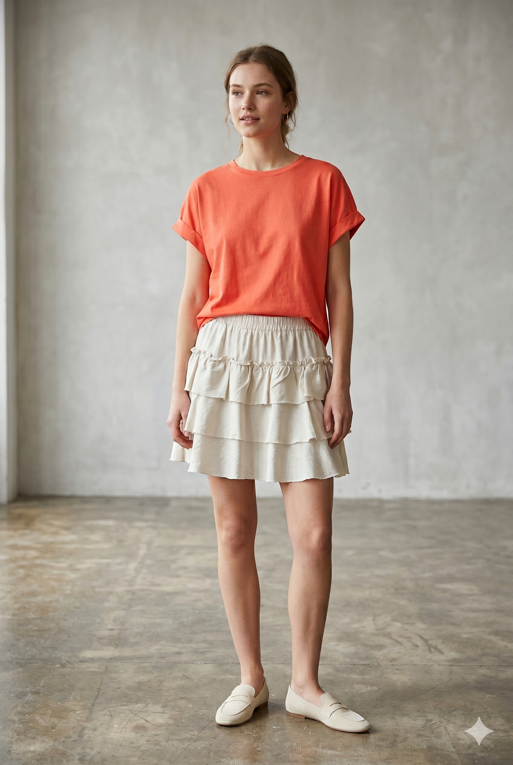 Falda corta beige con volantes y cintura elástica chica.