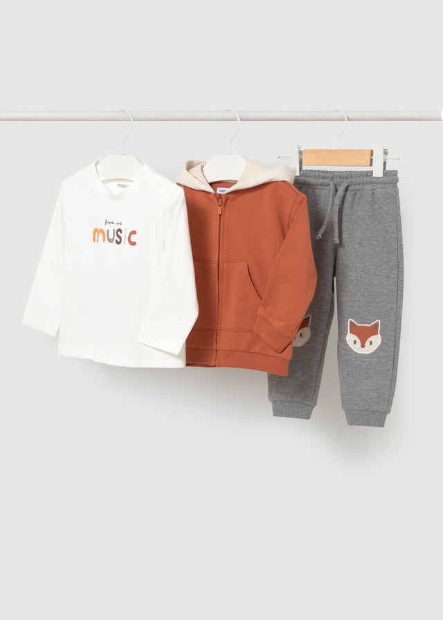 Conjunto  tres piezas: camiseta, pantalón y sudadera zorrito, bebé niño.