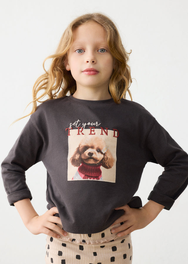 Camiseta manga larga estampado caniche, niña.