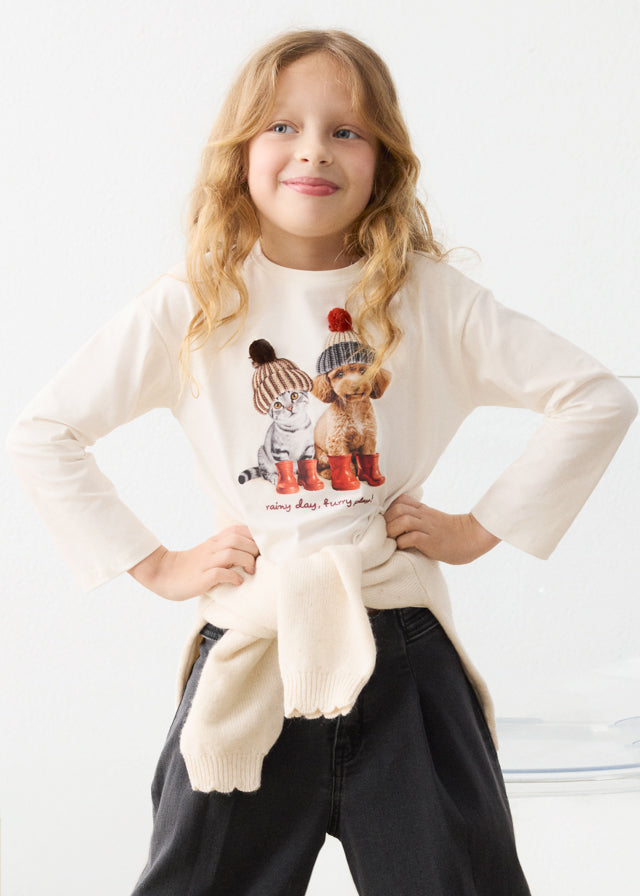 Camiseta manga larga estampado perro y gato, niña.