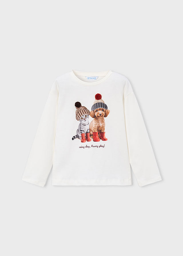 Camiseta manga larga estampado perro y gato, niña.