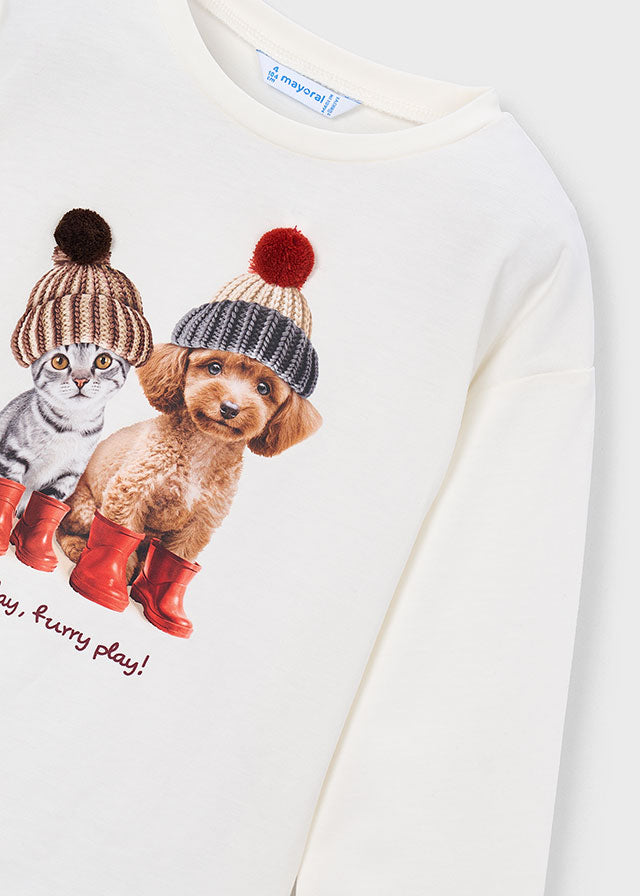 Camiseta manga larga estampado perro y gato, niña.