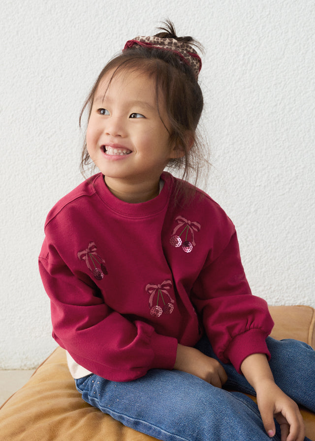 Jersey cuello redondo bordado cerezas, niña.