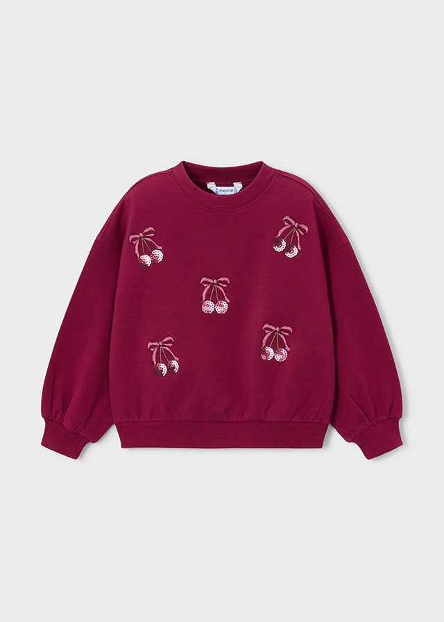 Jersey cuello redondo bordado cerezas, niña.