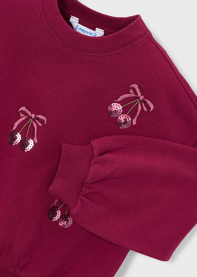 Jersey cuello redondo bordado cerezas, niña.
