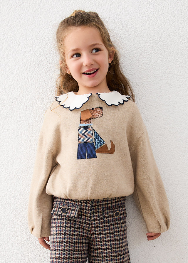 Sudadera de punto jaspeado con aplique de perrito niña
