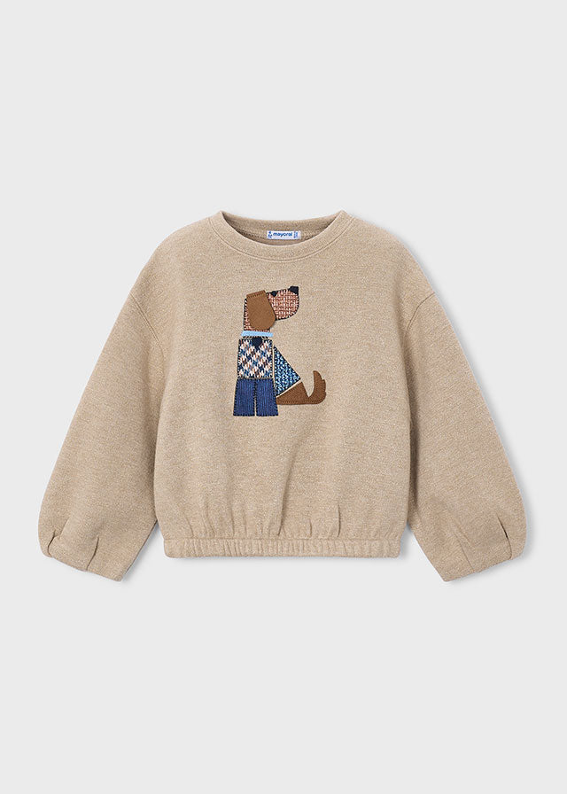 Sudadera de punto jaspeado con aplique de perrito niña