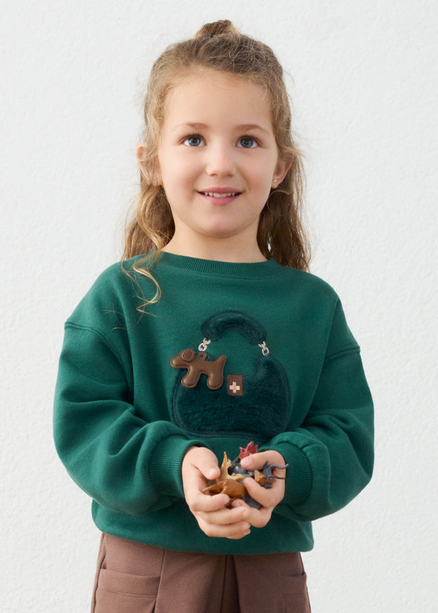 Sudadera de felpa verde esmeralda con aplique de bolso y perrito, niña.