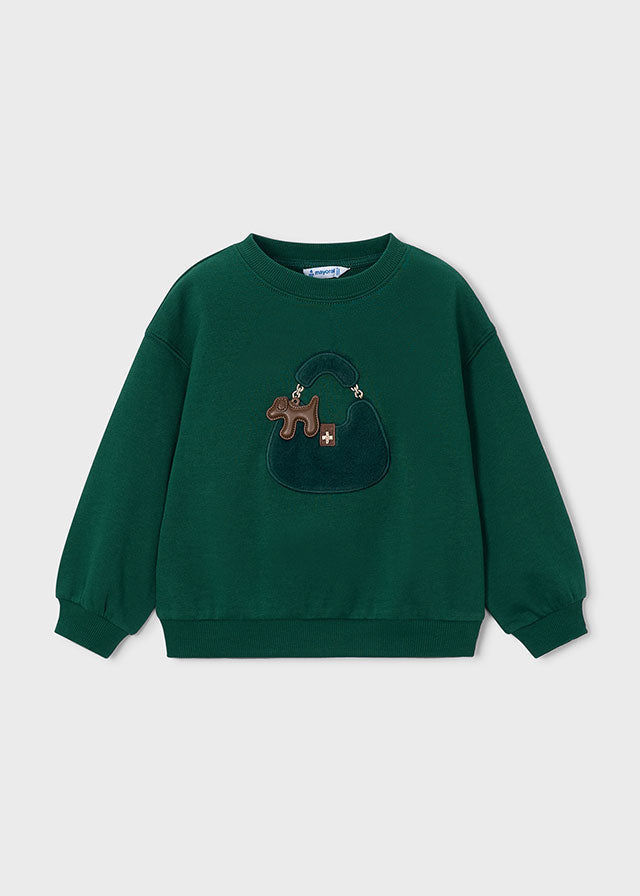 Sudadera de felpa verde esmeralda con aplique de bolso y perrito, niña.