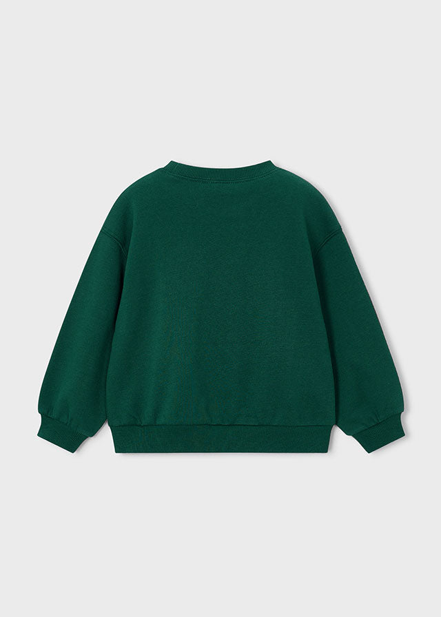 Sudadera de felpa verde esmeralda con aplique de bolso y perrito, niña.