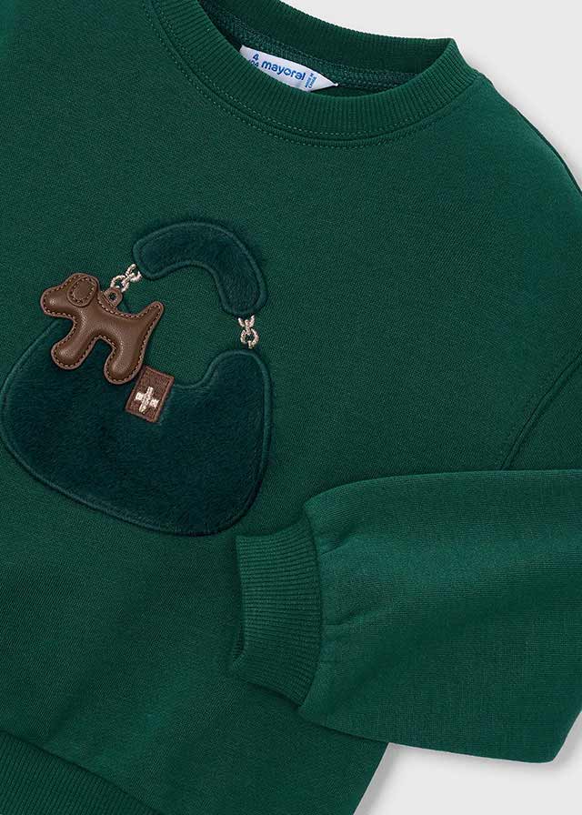 Sudadera de felpa verde esmeralda con aplique de bolso y perrito, niña.
