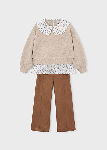 Conjunto leggings antelina y sudadera  cuello y bajo de camisa niña.