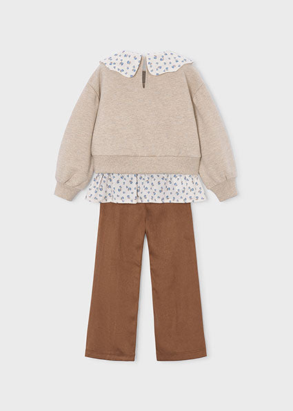 Conjunto leggings antelina y sudadera  cuello y bajo de camisa niña.