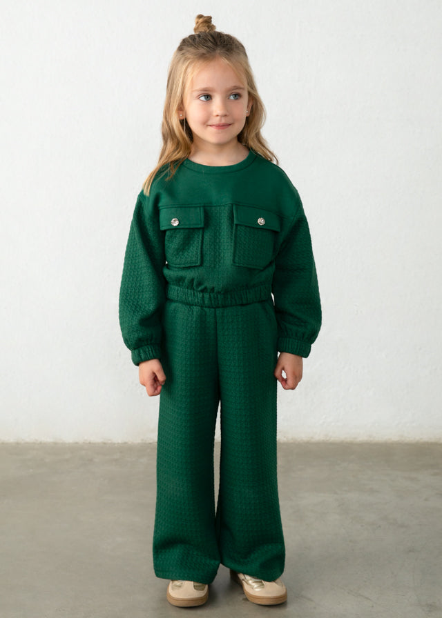 Conjunto de sudadera y pantalón texturizado en verde botella, niña.