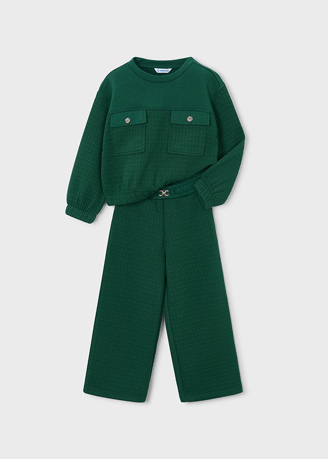 Conjunto de sudadera y pantalón texturizado en verde botella, niña.