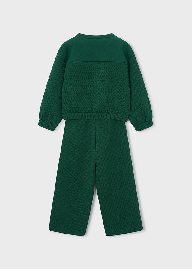 Conjunto de sudadera y pantalón texturizado en verde botella, niña.