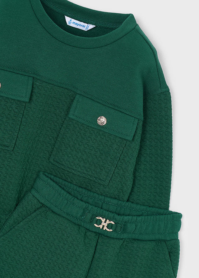 Conjunto de sudadera y pantalón texturizado en verde botella, niña.