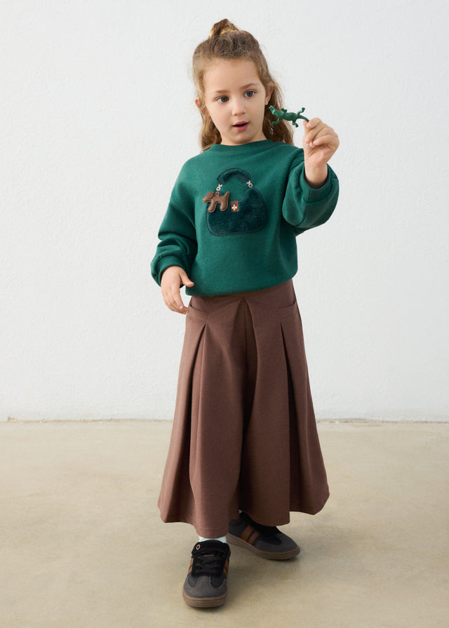 Sudadera de felpa verde esmeralda con aplique de bolso y perrito, niña.