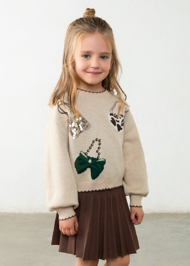 Conjunto dos piezas, jersey y falda tricot, niña.